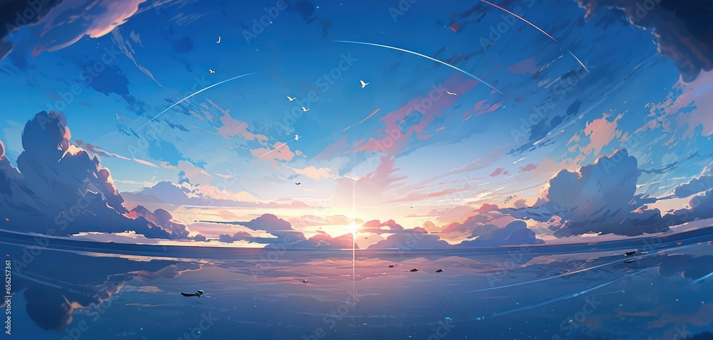 Blue ocean with blue sky and beautiful sunrays at the horizon line in digital art painting style background  - obrazy, fototapety, plakaty 