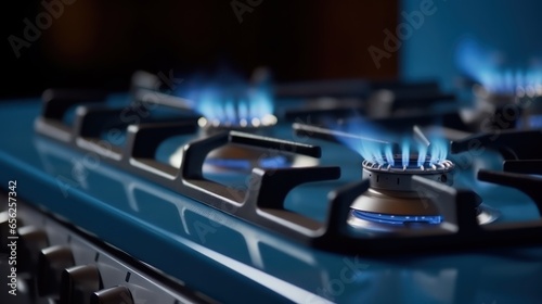 Blue kitchen gas stove flame in kitchen