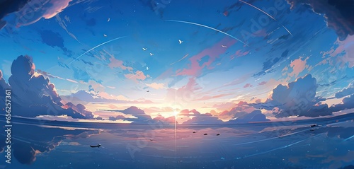 Blue ocean with blue sky and beautiful sunrays at the horizon line in digital art painting style background 