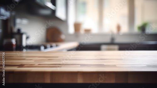 Empty wooden kitchen table and blurred kitchen background