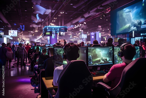 World region gaming expo, gaming industry event or gaming competition amusement, with many live-action players
