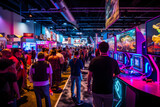 World region gaming expo, gaming industry event or gaming competition amusement, with many live-action players