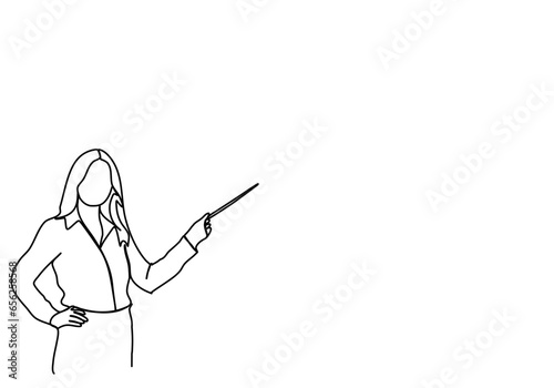 Woman in a business suit with a pointer in her hands stands near the blackboard. One line drawing vector illustration.