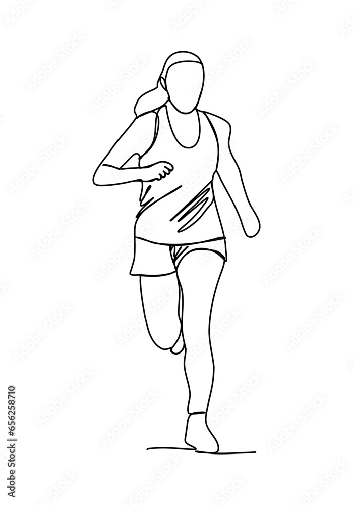 Running woman. Girl in sportswear jogging. One line drawing vector illustration. Running woman. Girl in sportswear jogging. One line drawing vector illustration.