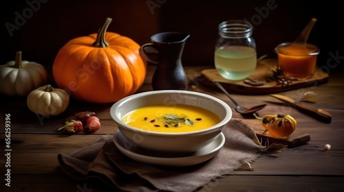 Pumpkin soup served on the table in bowl,Soup for spring season 