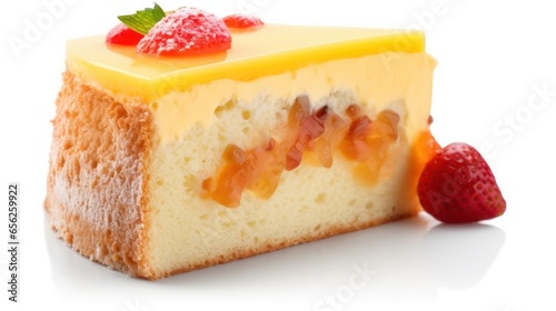 Tasty fruit sponge cake isolated on white background 