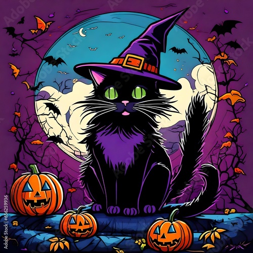 a cartoon of a cat wearing a witch hat with pumpkin Jack-o -lanterns on Halloween
