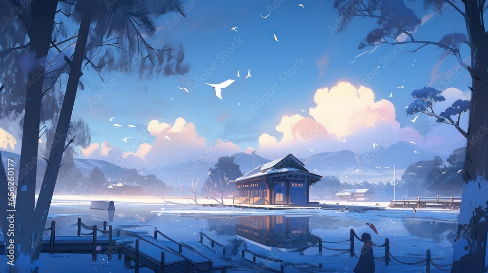 Winter snowy landscape,Beautiful winter landscape in digital art painting illustration style 