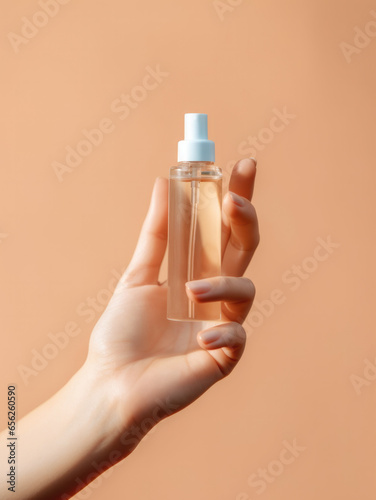 Hand holding transparent bottle  mockup