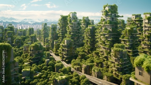 Environmental awareness city with vertical forest concept of metropolis covered with green plants. Civil architecture and natural biological life combination.Generative AI image weber. photo