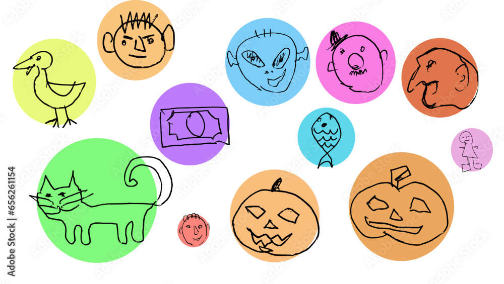 doodle characters set, duck, boy, cat, money, Frenchman in a hat, alien, sorcerer, pumpkin, fish, doll doodle characters set, duck, boy, cat, money, Frenchman in a hat, alien, sorcerer, pumpkin, fish, doll