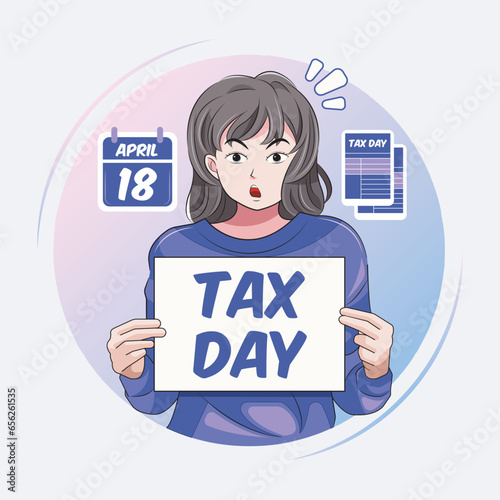 Tax Day. Surprised young woman holding paper with tax day message vector illustration