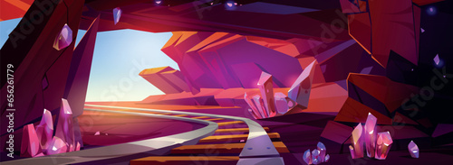 Pink crystal mine cave entrance game cartoon background. Fantasy underground treasure drawing design. Magic mineral gemstone inside mountain landscape with railway. Sunny canyon dungeon location