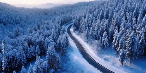 Aerial view of a winter snow-covered road with Serpentine Switchbacks in a forest.