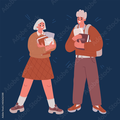 Cartoon vector illustration of Young student girl and boy with stack of book. Teens education