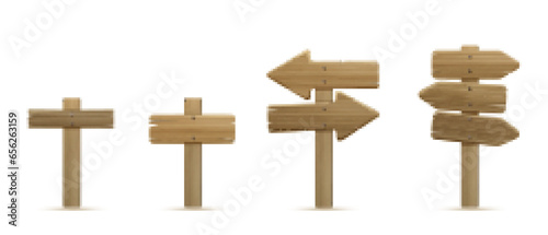 3d wooden arrow road sign board. Wood street pointer for direction guide isolated realistic travel notice set. Blank location or destination guidance label on stick icon design. Old roadsign panel