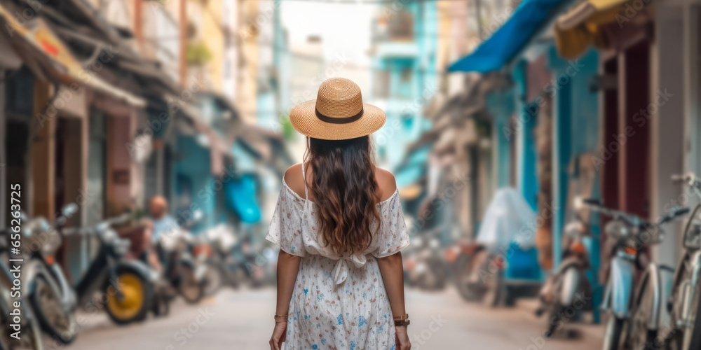 Fototapeta premium Female traveller roam alone womna summer casual dress summertime tour walking at Asia