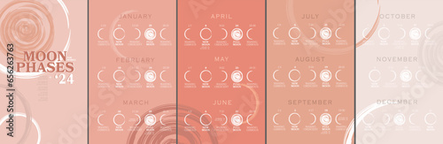 Moon Phases Calendar 2024. Waning Gibbous, Waxing Crescent, New Moon, Full Moon with Dates, Lunar and Solar Eclipse, Spring Equinox, Autumn Equinox, Summer Solstice Days.