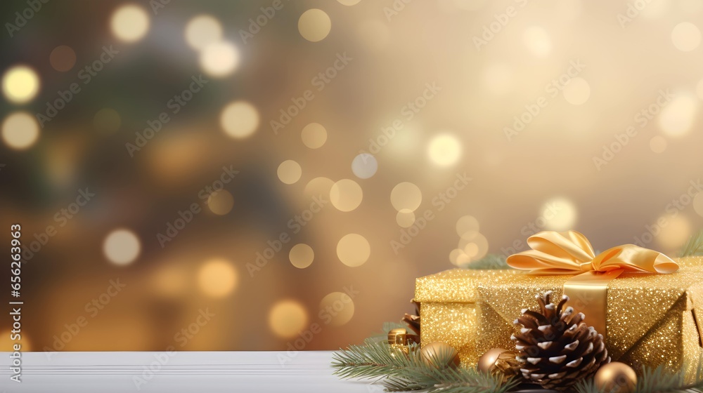 Christmas and New Year holiday background. Gift box and Christmas tree ornaments and pine cones, gold background, copy space. Generative AI.