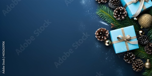 Christmas concept, top view photo, blue background with copy space, gift boxes, pine cones, Generative AI.