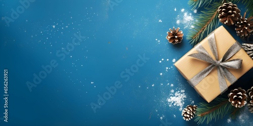Christmas concept, top view photo, blue background with copy space, gift boxes, pine cones, Generative AI.
