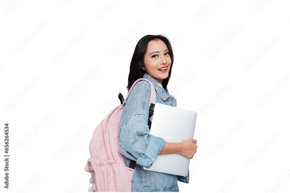 Young Happy Asian Female College Student with Laptop and Backpack Isolated Background Young Happy Asian Female College Student with Laptop and Backpack Isolated Background