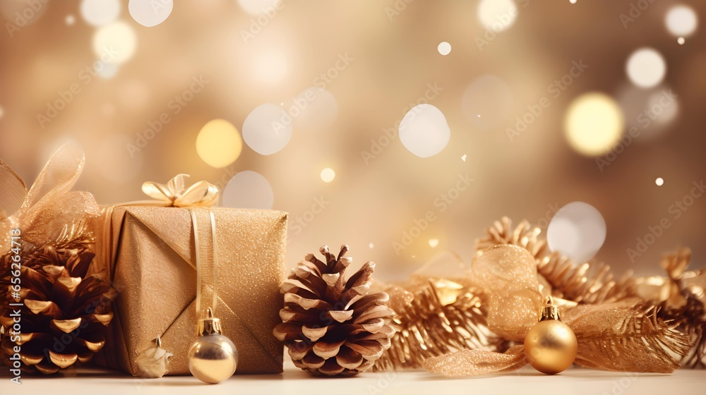 Christmas and New Year holiday background. Gift box and Christmas tree ornaments and pine cones, gold background, copy space. Generative AI.