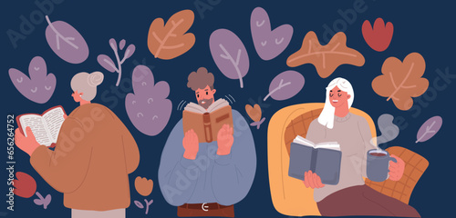 Cartoon vector illustration of people are reading the books. Collection of people reading or students studying and preparing for examination. Set of book lovers, readers, modern literature fans
