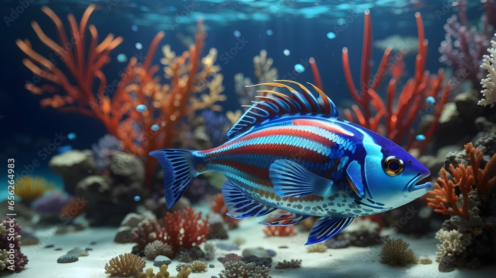 Underwater Sea. Underwater tropical sweepers glass-fish (Parapriacanthus ransonneti). Blue water background and Coral. Underwater fish reef marine. Tropical colourful underwater seascape - obrazy, fototapety, plakaty 