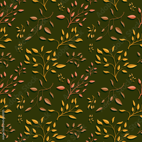 Seamless pattern with branches and leaves in autumn colors.