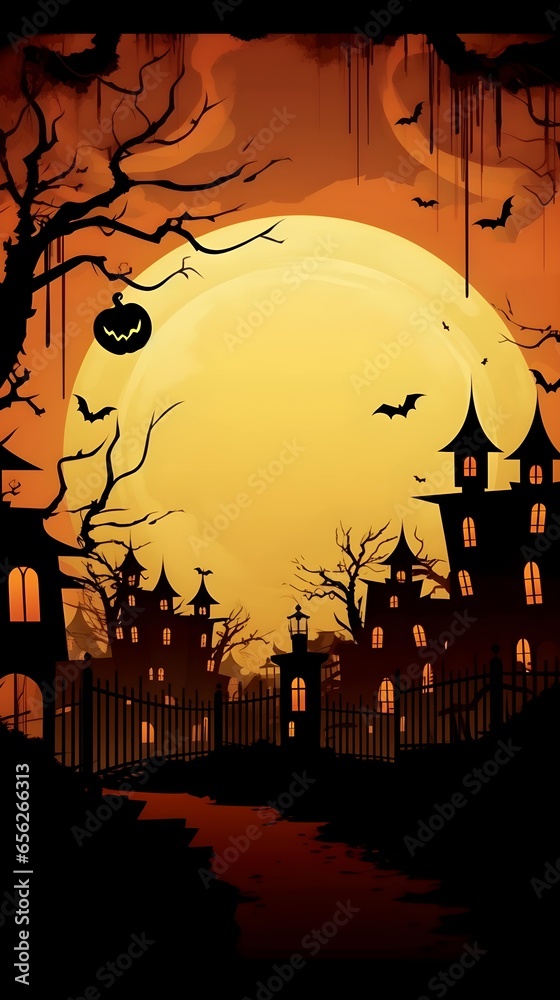 Happy Halloween background. Halloween banner background concept for holiday event. Halloween pumpkin. Halloween pumpkins and bats. Generative AI.