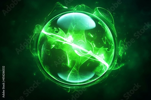 Bright glowing round sphere of green energy on a transparent magical abstract background. Generative AI