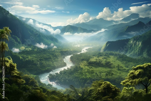 panoramic vista of lush rainforest-covered mountains. Generative AI