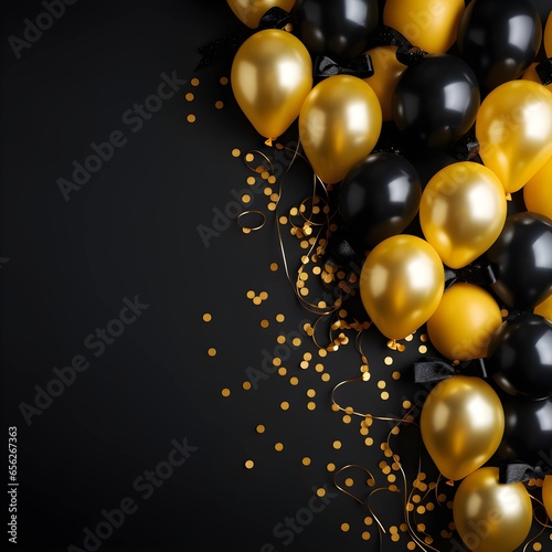 Black background with black and yellow balloons and copy space. Generative AI.
