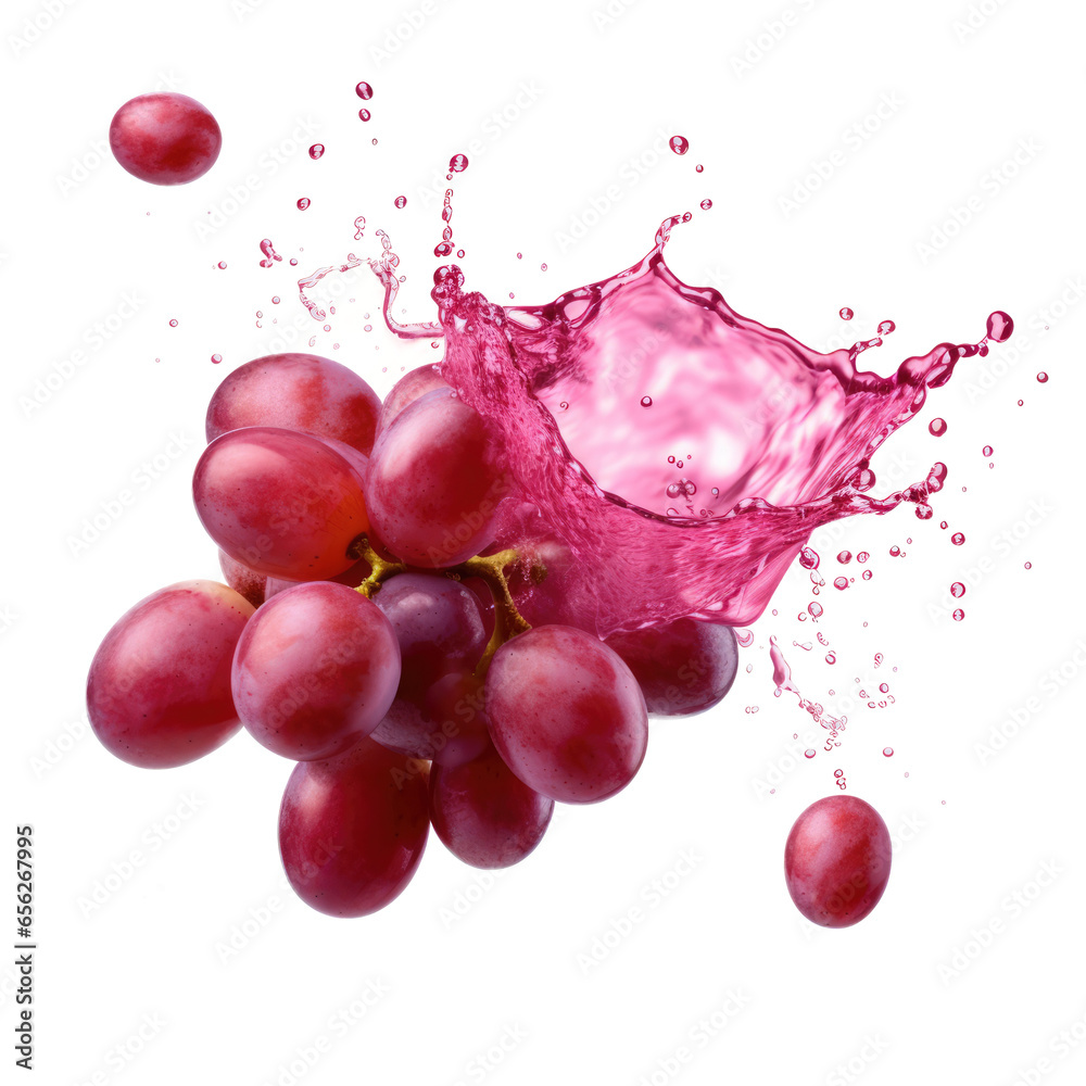 Red Grapes juice wave splash isolated on white background with clipping path, png, swirl, liquid splash, juice drops, realistic flow of refreshment cocktail, Generative AI