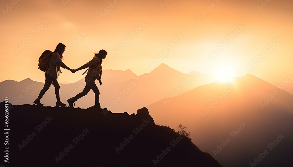 Two people helping each other to climb to the top of the mountain. Help and assistance concept. Generative AI.