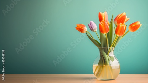 Table with colorful tulips in glass vase, background with copy space. Generative AI.