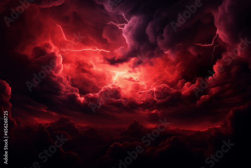 Red dark sky in the sky with clouds. Bright red sunset. horror concept.