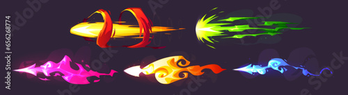 Missile arrow game vfx effect light fire trail. Star blast shine with sparkle. Green and red fantasy rocket burst motion png set. Asteroid galaxy direction with neon flash tail and toxic steam