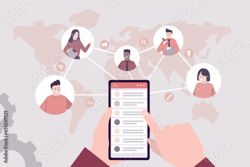 Work outsourcing and telecommuting concept. Business process outsourcing, outplacement, freelance job. Outsourcing service team outside company organization.