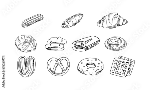 Hand draw vector illustration, set icons of bakery donut , croissant , waffle , eclair ,rolled ,bun and pretzel sketch for bakery  design shop, cookbook or other design  uses.