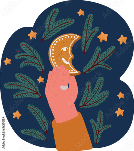 Cartoon vector illustration of Hand holding gingerbread cookies. Gingerbread cookies.