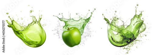 Set of apple juice wave splash isolated on white background with clipping path, png, swirl, liquid splash, juice drops, realistic flow of refreshment cocktail, Generative AI