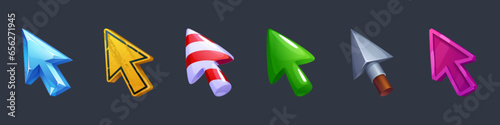 Game ui arrow cursor, cute mouse pointer vector. Metal spear, crystal, ice and pink glossy texture for click sign set. Simple direction for user to select on computer illustration. Gui mobile icon