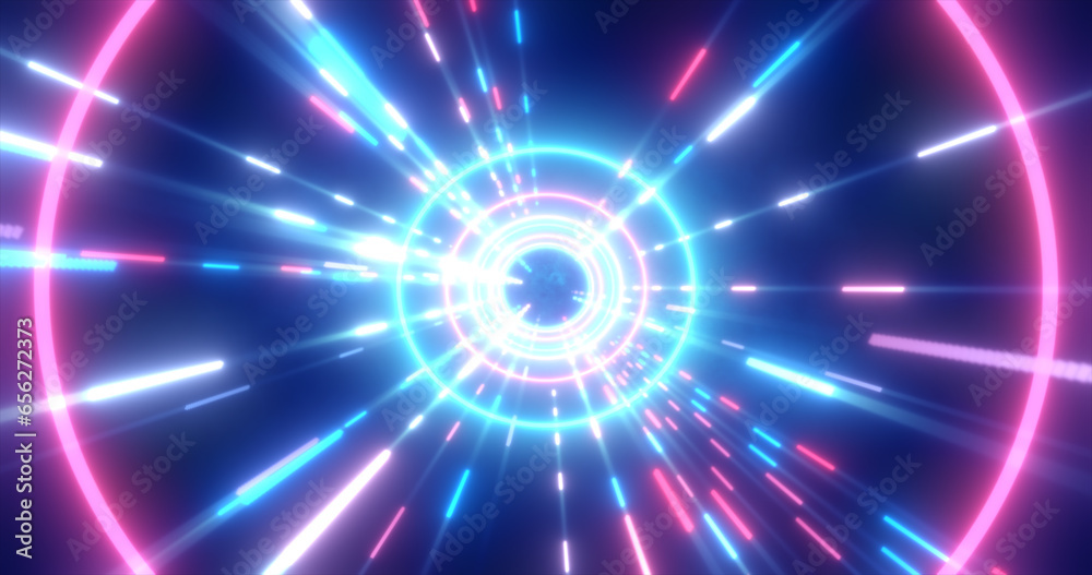 Abstract multi-colored energy futuristic hi-tech tunnel of flying circles and lines neon magic glowing background Abstract multi-colored energy futuristic hi-tech tunnel of flying circles and lines neon magic glowing background