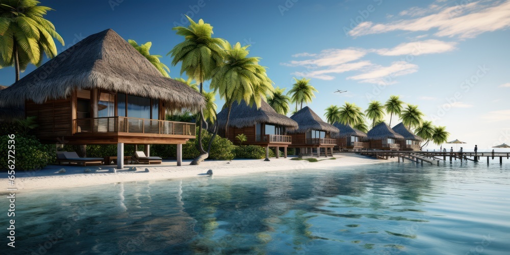 3D rendering of tropical beach with water bungalows and coconut palm trees
