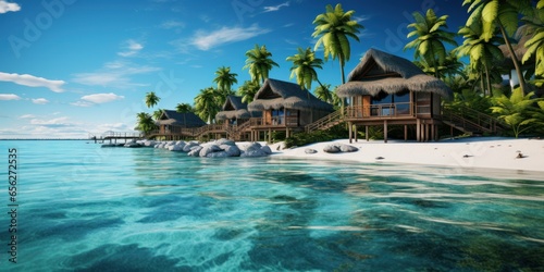3D rendering of tropical beach with water bungalows and coconut palm trees © sirisakboakaew