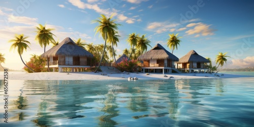 3D rendering of tropical beach with water bungalows and coconut palm trees © sirisakboakaew