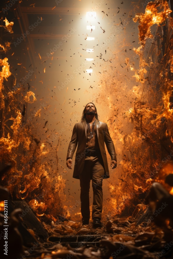Pro wrestler's charismatic entrance, with pyrotechnics and a roaring crowd, setting the stage for an epic showdown, Generative AI Pro wrestler's charismatic entrance, with pyrotechnics and a roaring crowd, setting the stage for an epic showdown, Generative AI