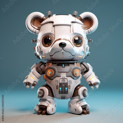 Small white robot bear, small, cute, white and gray background. © Sunun